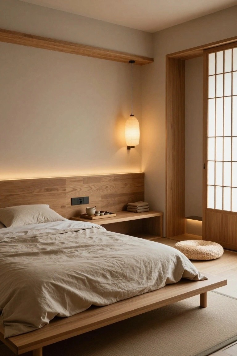 A minimalist bedroom with low wooden platform bed, oak headboard featuring LED strip lighting at the back, hanging rice-paper pendant lamp, built-in wooden shelf, shoji screen door, and tatami-style flooring.