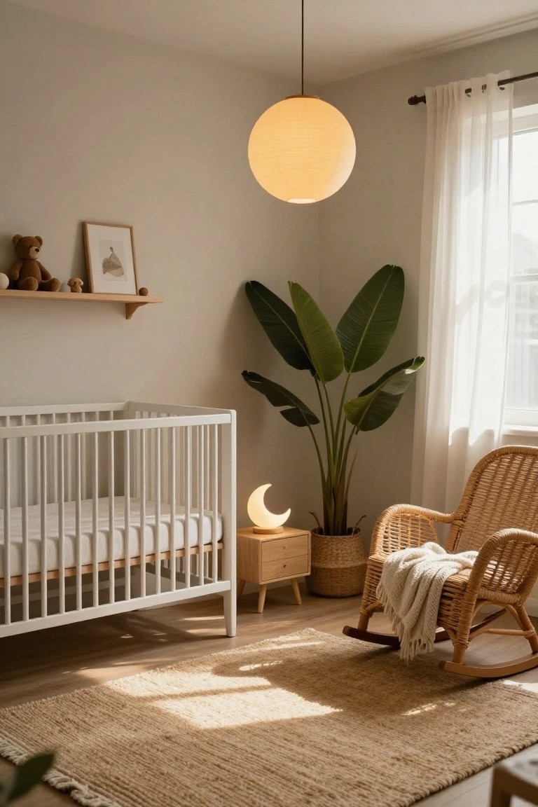 Nursery room featuring a white wooden crib, rattan rocking chair with blanket, potted banana plant, wooden shelf with teddy bears and mushroom toy, large beige paper globe pendant light, crescent moon nightlight on dresser, beige rug, and light wood floors with window light.