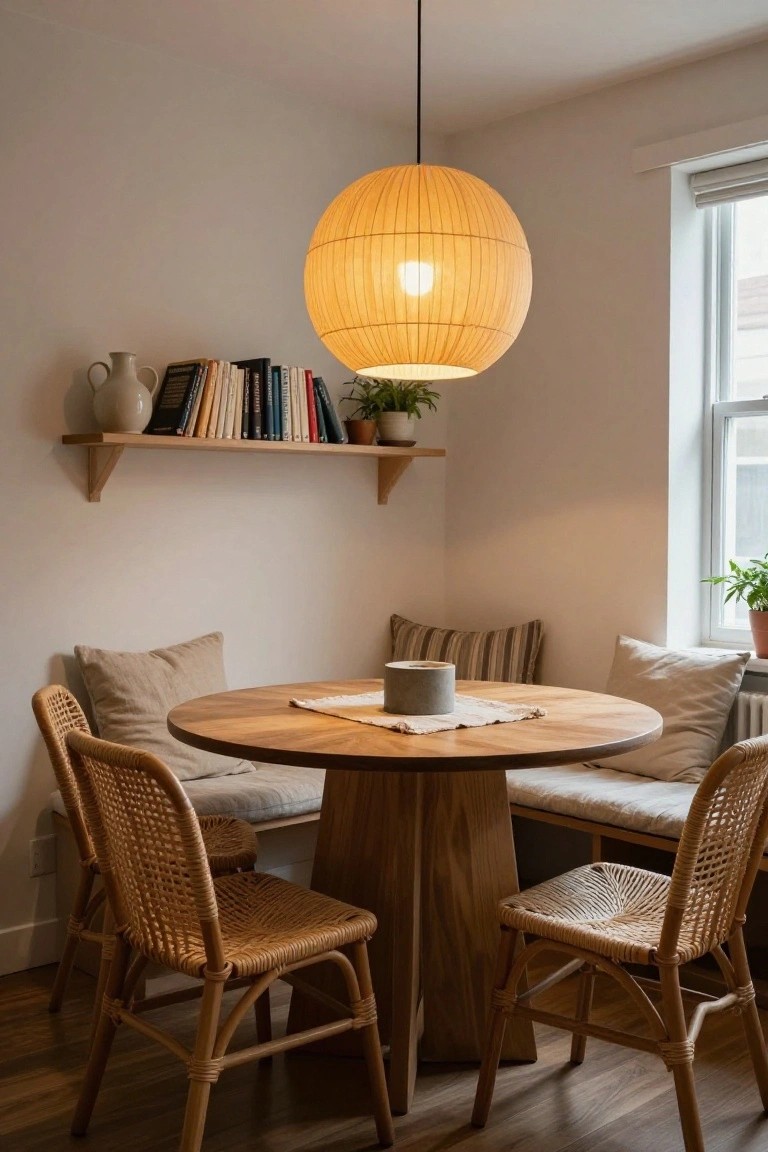 Corner dining nook with round wooden table, rattan chairs, cushioned bench seating, wooden shelves holding books and plants, a gray mug on a runner, and large beige woven paper lantern pendant light above, next to a window in a light room.