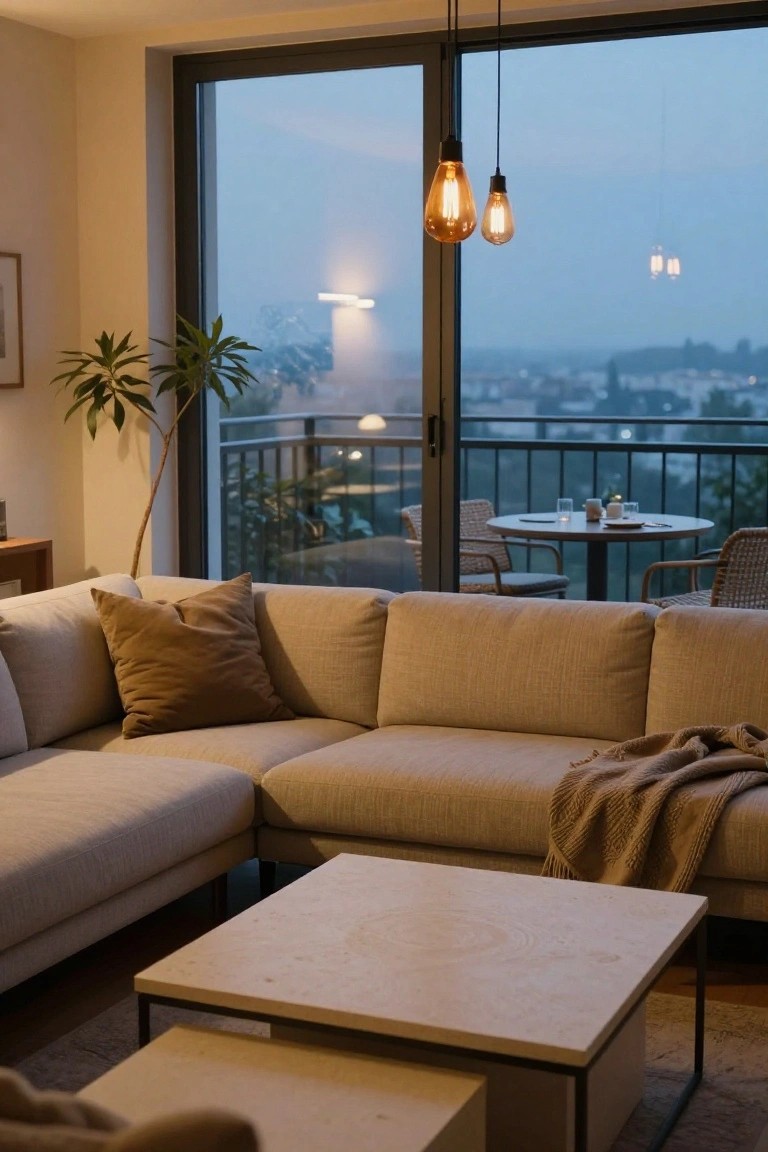 Apartment living room featuring a beige L-shaped sofa with throw pillows and blanket, square wooden coffee table, potted palm plant, and two warm exposed bulb pendant lights hanging above, with large sliding glass doors open to a balcony table and chairs overlooking a cityscape at dusk.
