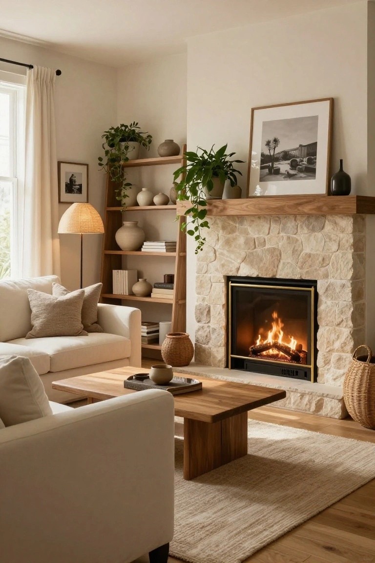 A light beige living room with a stone fireplace lit by flames, cream sofa with beige pillows, wooden coffee table, oak bookshelves holding ceramics plants and books, tall curved floor lamp, sheer window curtains, and light wood floors.