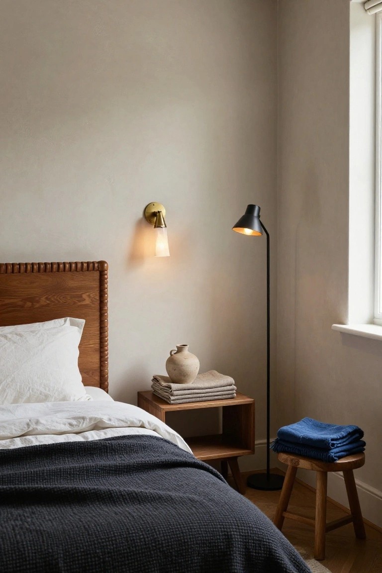 Corner view of a bedroom with a carved wooden headboard bed covered in white sheets and gray blanket, wooden nightstand holding stacked beige towels and terracotta vase, black adjustable floor lamp lit warmly, gold wall sconce, stacked blue blankets, and wooden stool on oak floor.