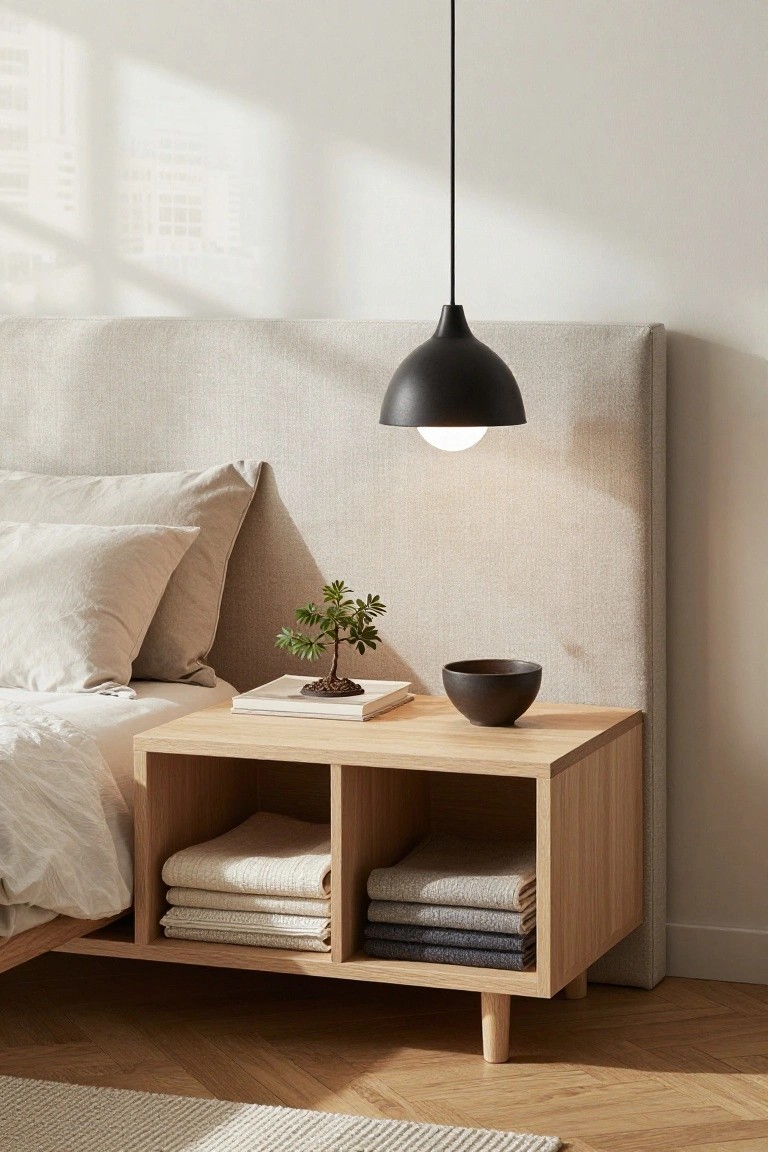 Bedroom with light beige upholstered headboard, white linen bedding on low wood bed frame, oak nightstand holding bonsai tree in white pot, black ceramic bowl, open book, and stacked folded linens in cubby; black conical pendant lamp hanging from ceiling above bed; neutral walls, window light, parquet wood floor.