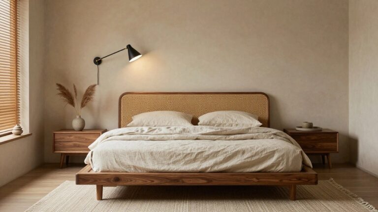 Beige bedroom with wooden platform bed, rattan headboard, white linen bedding, wooden nightstand, black swing-arm wall sconce emitting warm light, wooden blinds on window, ceramic pots on floor, and seagrass rug.