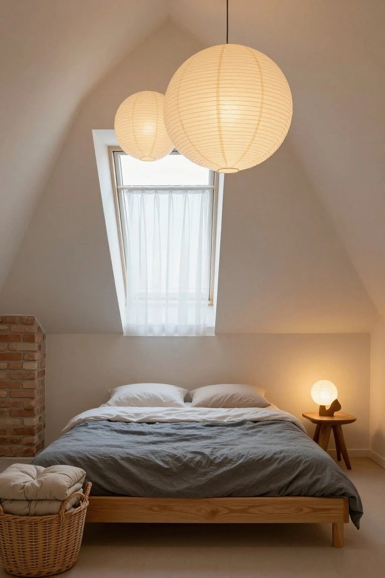 Attic bedroom featuring a low wooden platform bed with gray linens and white pillows, a wicker basket of bedding on the floor, exposed brick wall, skylight with sheer curtains, two large hanging white paper lanterns, and a small white lamp on a wooden side table.