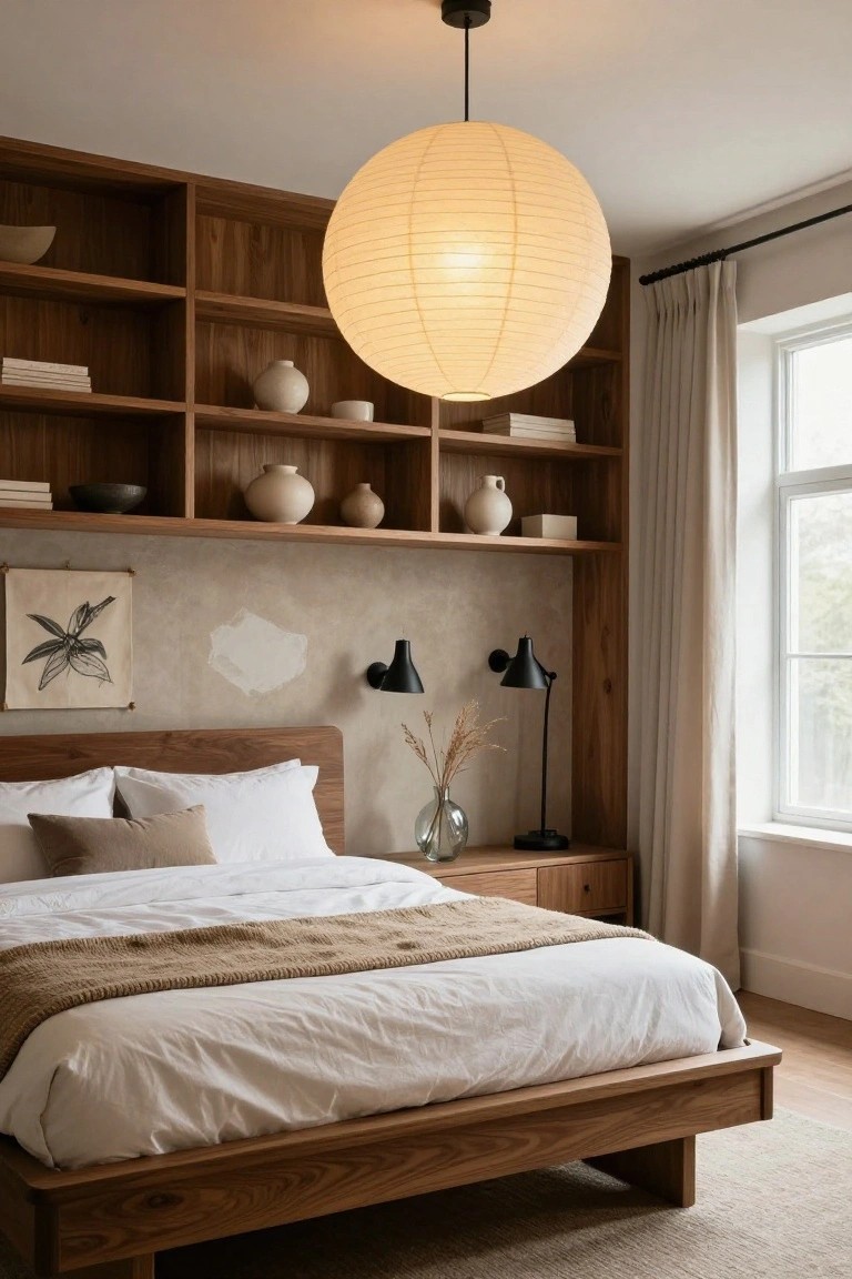 Bedroom with wooden built-in shelves filled with ceramics and books, large white paper lantern pendant light centered over low wooden bed with white sheets and beige throw, two black adjustable wall lamps on bedside table, textured beige wall, sheer curtains on window.