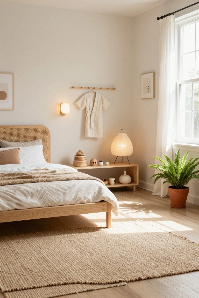 Bedroom corner with rattan headboard bed draped in white linens, wooden nightstand holding paper lantern floor lamp, stacked wooden rings, ceramics, and vase, wall-mounted white globe light, hanging white robe and shirt, Boston fern in terracotta pot, sheer curtains at window, seagrass rug on wood floors.