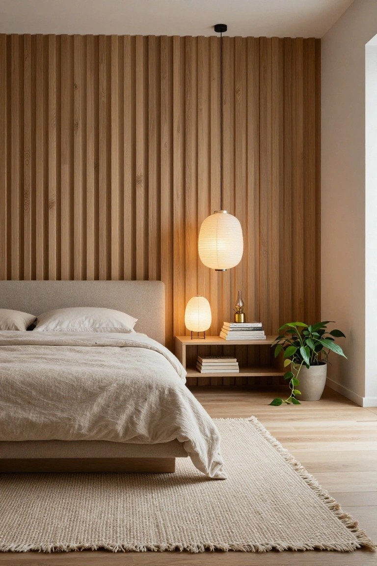 A Japandi bedroom with a low-profile upholstered bed against a warm vertical oak slat wall, a large hanging white paper lantern pendant light above, two smaller paper lamps on a wooden nightstand with books and a potted plant, light wood floors, and a cream fringed rug.