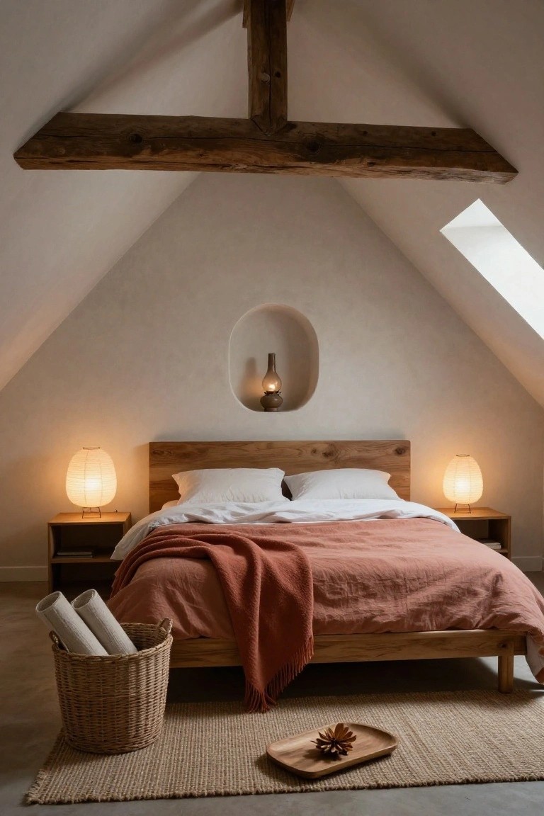 Attic bedroom with exposed wooden beams, low wooden bed frame with white bedding and terracotta throw, two paper lantern lamps on matching nightstands, wall niche holding a candle lamp, wicker basket with rolled white rugs on floor, seagrass rug, and wooden tray with pinecone.