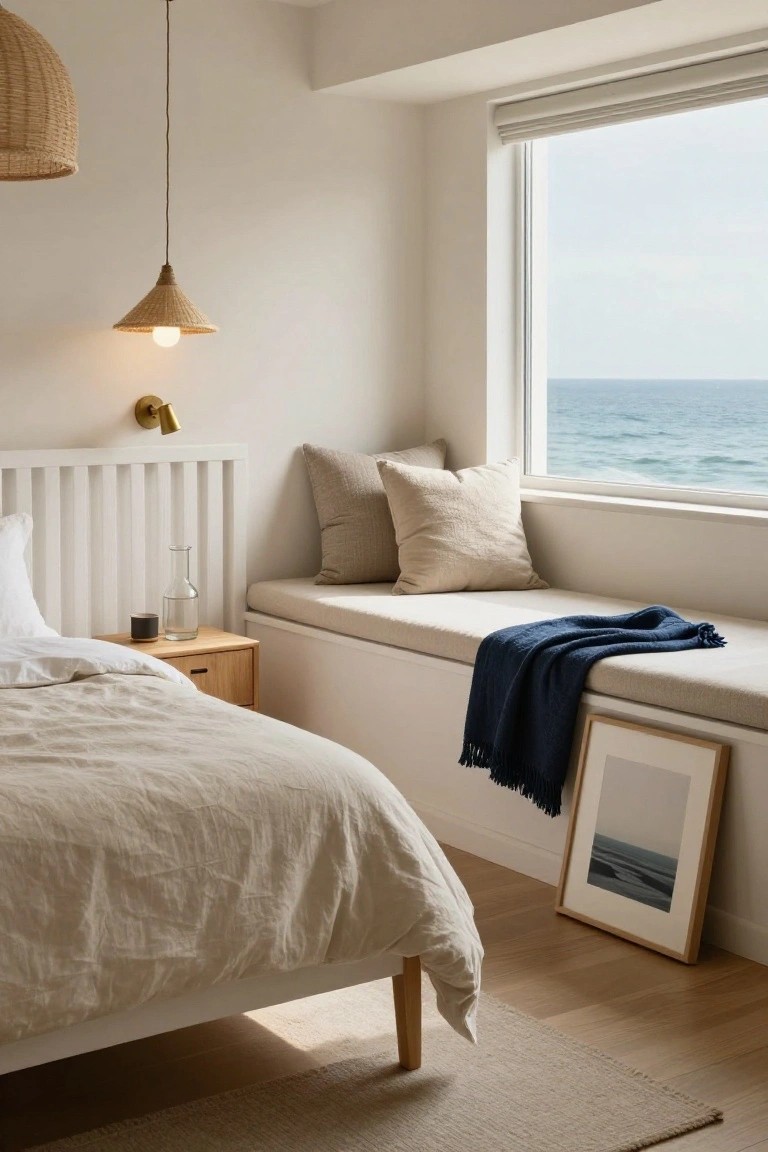 Japandi bedroom with white bed frame and linens, oak nightstand, built-in window seat with beige pillows and navy throw, lit rattan conical pendant lamp, brass wall sconce, and large window showing ocean view.