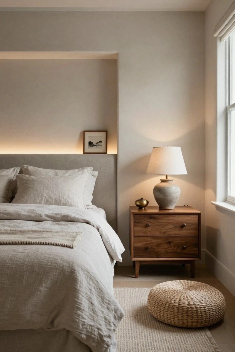 Bedroom corner showing upholstered headboard with thin LED backlight strip along the top, wooden nightstand holding ceramic lamp and brass bowl, beige linen bedding on bed, woven pouf on floor beside dresser, neutral walls, and window with shades.