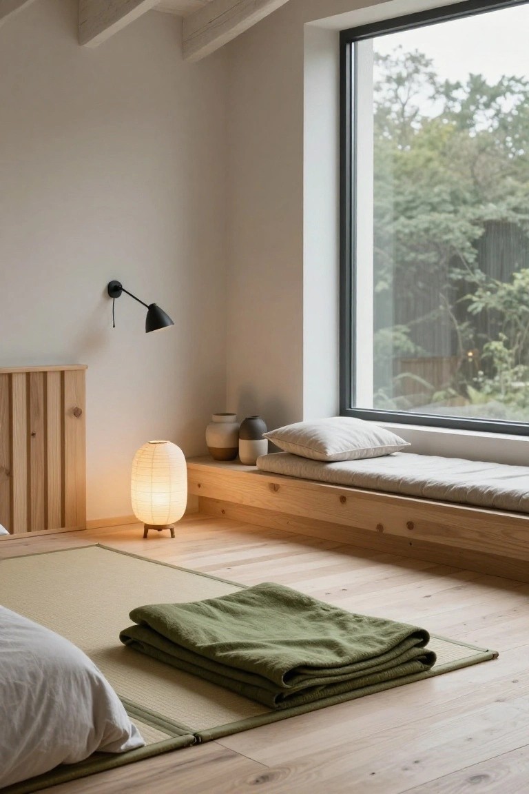 A Japandi bedroom with light wood floors and walls, tatami mat bedding, folded green blanket, white rice paper floor lamp, black adjustable wall sconce, ceramic vases, and built-in window seat with cushions next to a large window showing trees outside.