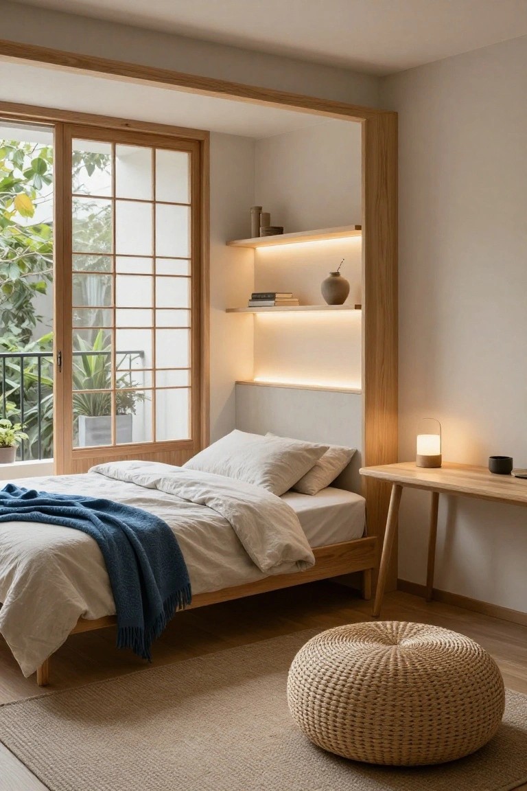 A Japandi bedroom with low wooden bed draped in white linens and blue throw, wooden desk and lamp, built-in oak shelving with warm LED backlighting, and shoji sliding doors to a balcony with plants.