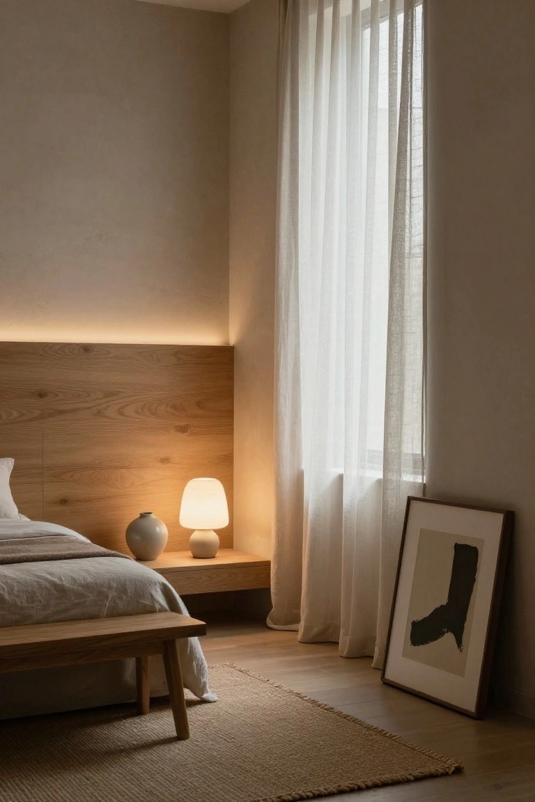 Corner of a light wood-paneled bedroom with LED strip lighting glowing behind the headboard, a bed with white linens, nightstand holding a white lamp and beige vase, wooden bench at bed's foot, sheer curtains on window, and tall framed abstract boot artwork leaning against wall.