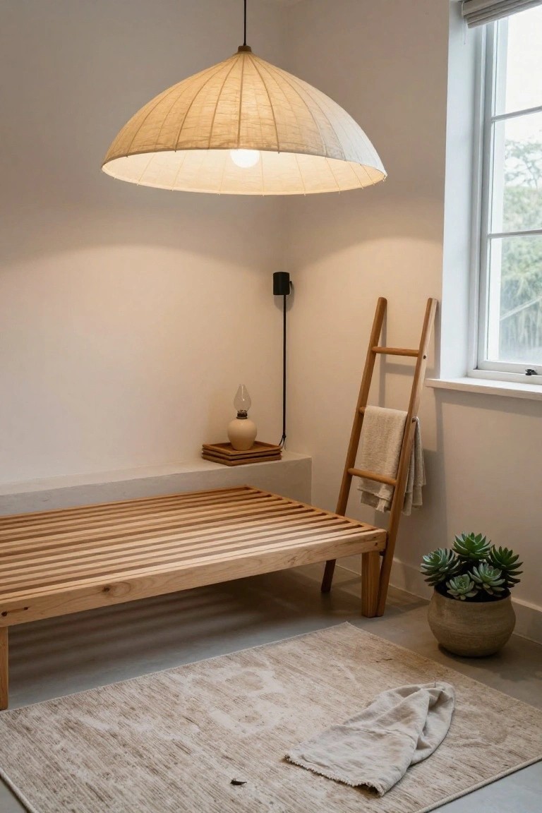 A white-walled indoor corner with a low wooden slat bench, oak ladder holding a folded towel, potted succulent plant, large beige paper pendant light hanging from the ceiling, small ceramic lamp on a shelf, and beige rug on the floor next to a window.