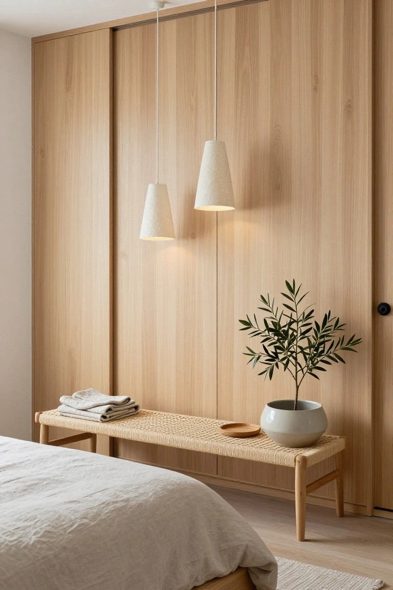 Bedroom corner with light oak sliding wardrobe doors, two white conical pendant lights hanging from the ceiling, a rattan bench with folded linens and a small dish, a potted olive tree, and edge of a white bed in foreground.
