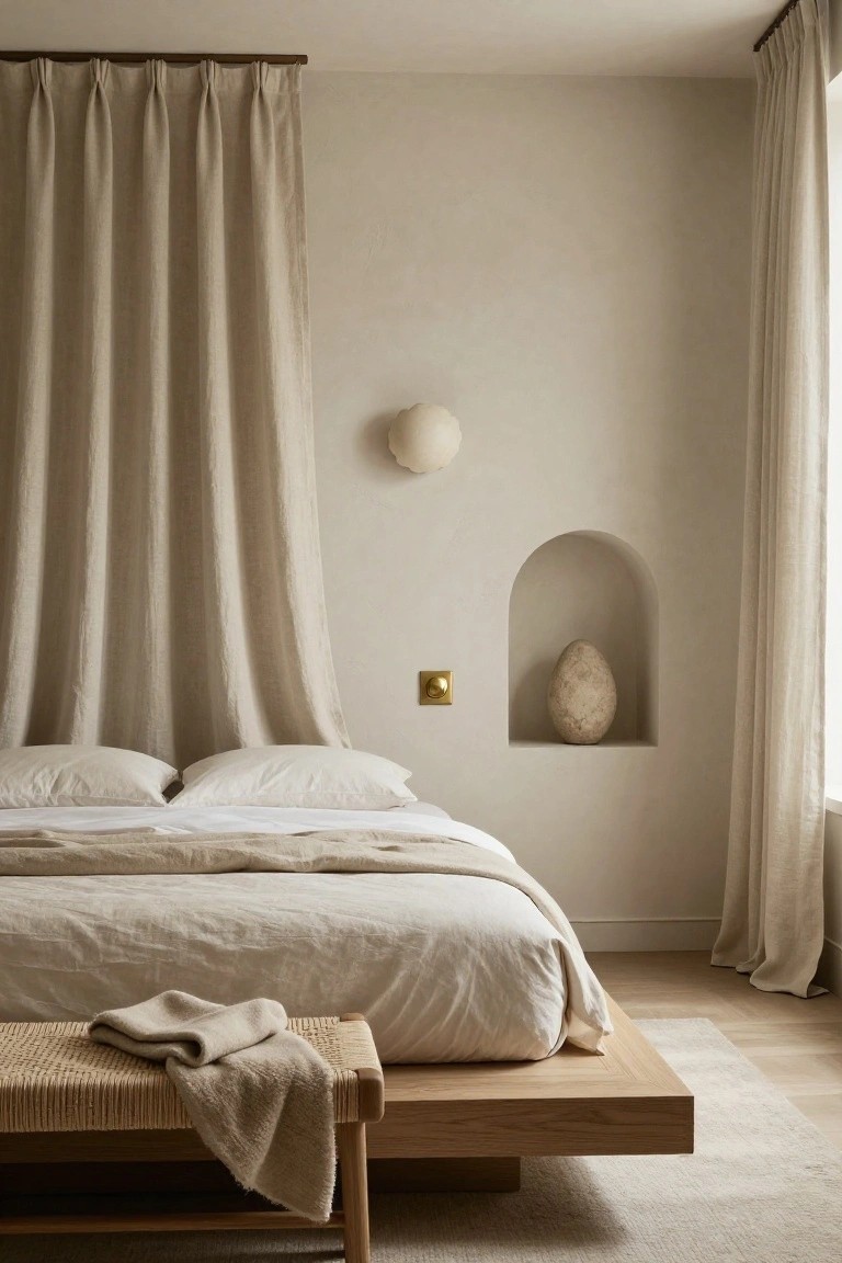 Minimalist bedroom with beige linens, arched niche, and woven bench.