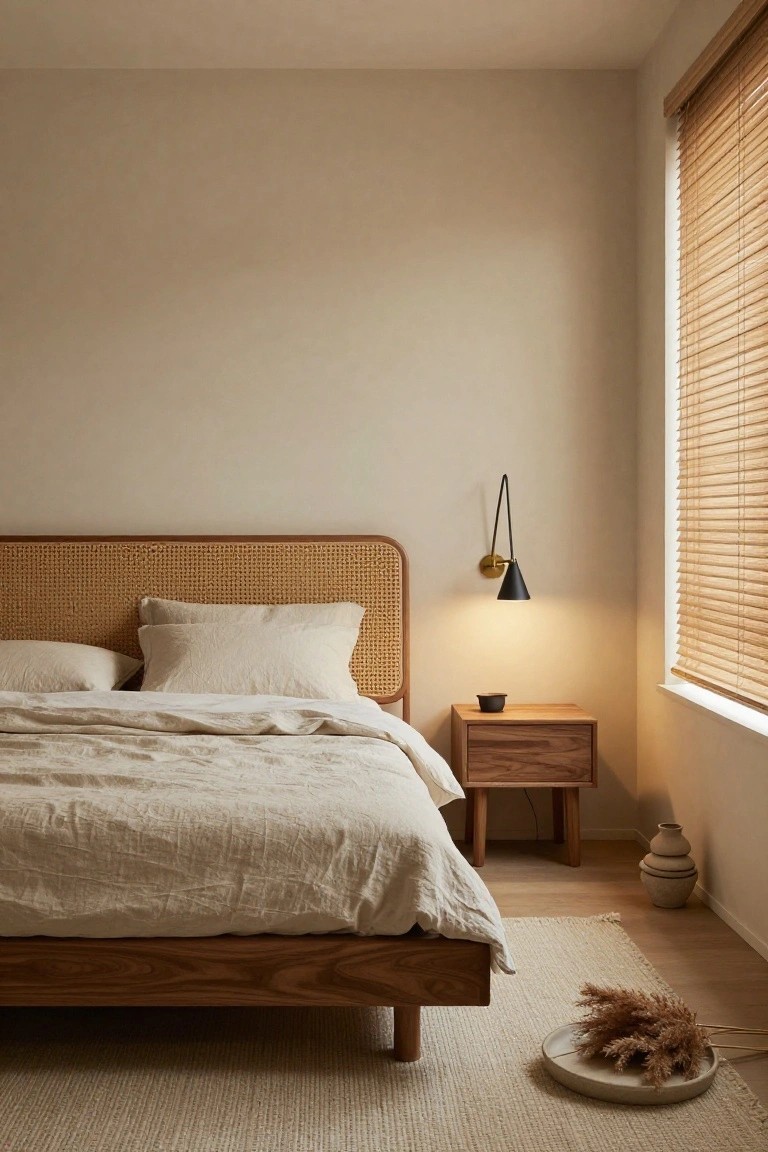 Beige bedroom with wooden platform bed, rattan headboard, white linen bedding, wooden nightstand, black swing-arm wall sconce emitting warm light, wooden blinds on window, ceramic pots on floor, and seagrass rug.