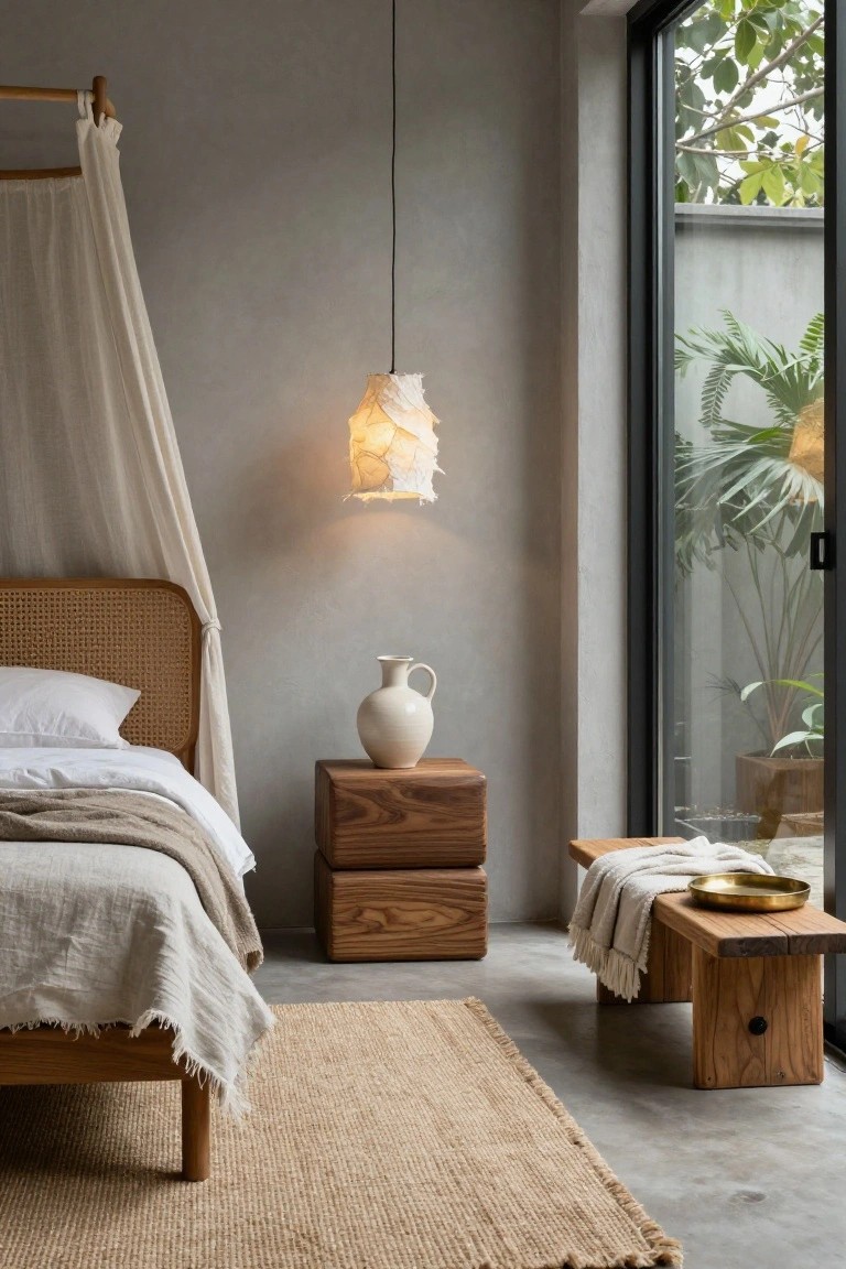 Bedroom with white canopied bed on rattan and wood frame, textured frilly pendant lamp hanging above, wooden stacked nightstand with white vase, wooden bench with brass bowl and throw, seagrass rug, beside glass door to potted plants.