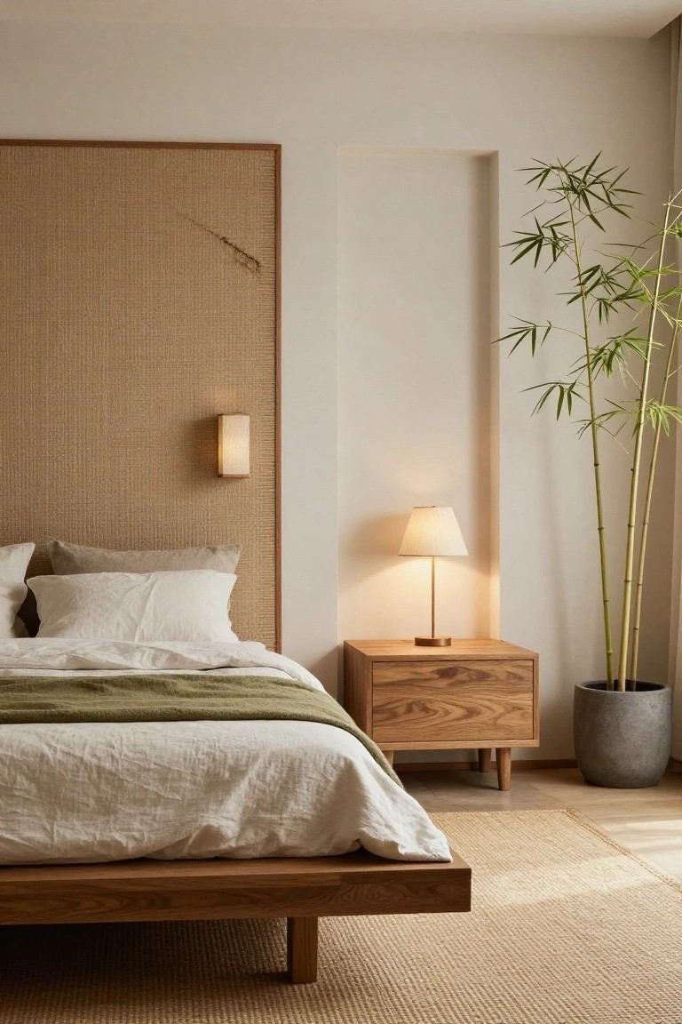 A Japandi bedroom with wooden platform bed draped in white and green linens, rattan wall panel behind headboard with wall sconce, wooden nightstand holding table lamp, tall potted bamboo plant, and seagrass rug on light wood floor.