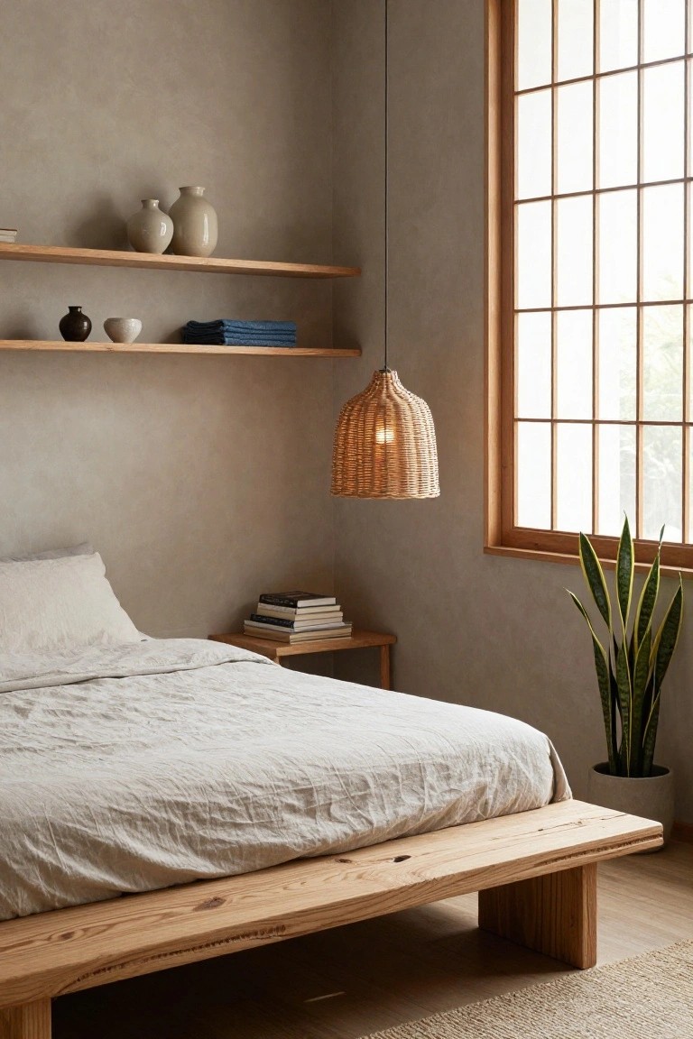 Corner of a minimalist bedroom with beige walls, wooden floating shelves holding ceramics and a blue towel, low wooden platform bed with white linen sheets, wooden side table with stacked books, hanging woven pendant lamp, potted snake plant, and large grid window.