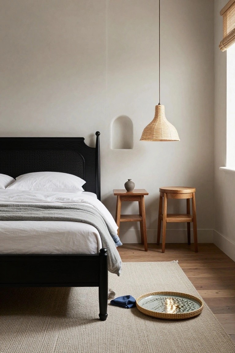 A minimalist bedroom with a black cane headboard bed dressed in white linens and a gray throw, two wooden stools nearby, a rattan pendant lamp hanging from the ceiling, beige walls with a niche, bamboo blinds on the window, and a woven tray on the light wood floor with beige rug.