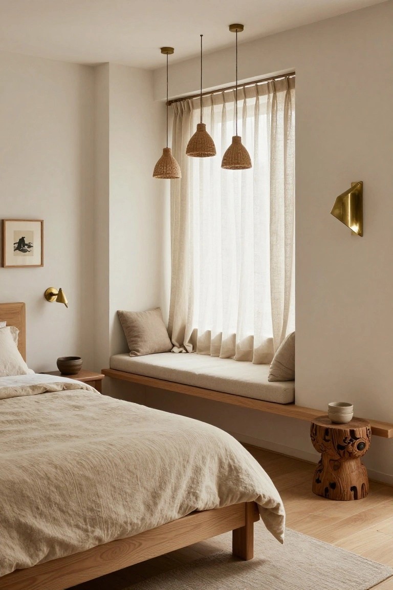 A Japandi bedroom with light oak bed draped in beige linens, built-in window bench with cushions and pillows, three hanging rattan pendant lights near sheer-curtained windows, brass wall sconces, wooden stool with ceramic bowls, and neutral rug on oak floors.