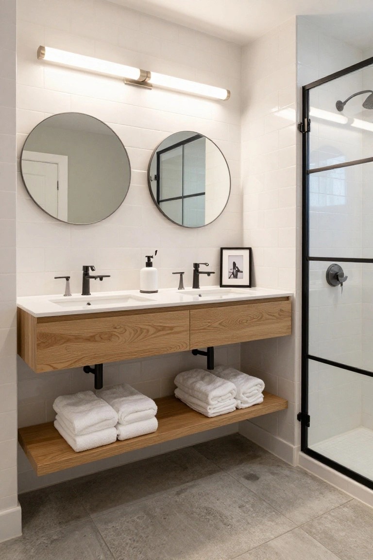 Bathroom featuring a floating oak wood vanity with two white sinks and black faucets, two round black-framed mirrors, a horizontal brass linear light fixture mounted above the mirrors, white subway tile walls, and a black-framed glass shower enclosure.