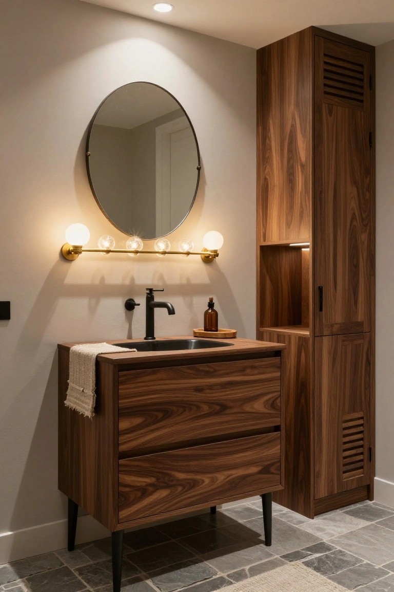 Bathroom vanity with black sink, round mirror, linear gold sconce featuring five white globe bulbs mounted on the wall, walnut wood cabinets, and slate tile floor.