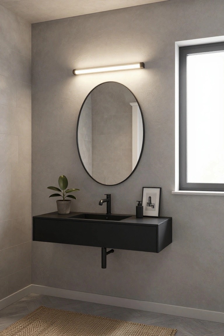 Bathroom corner with light gray textured walls, oval black-framed mirror, horizontal white LED bar light mounted above it, black floating sink vanity with matte black faucet, potted green plant, small black soap dispenser, framed photo, and window beside seagrass rug on gray tile floor.