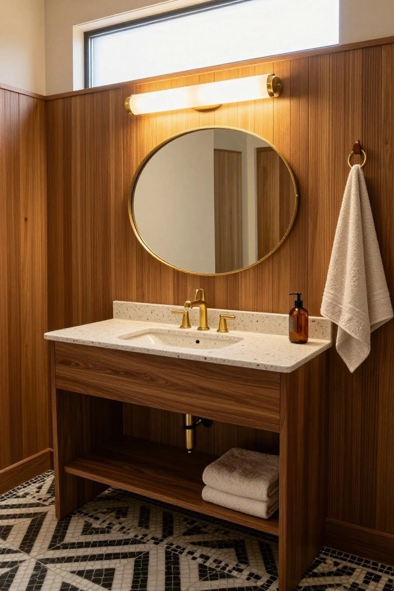 Wood-paneled bathroom vanity with speckled white quartz countertop, gold faucet and handles, round gold mirror, horizontal tubular white sconce light above mirror, hanging towel, soap dispenser, open shelves below with towels, and black and white geometric mosaic floor tiles.