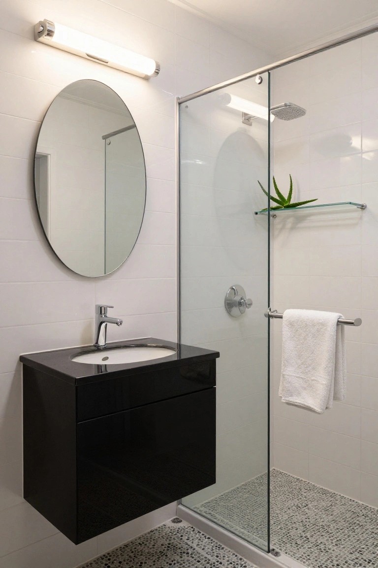 White tiled bathroom with oval wall mirror, slim horizontal chrome light fixture mounted above it, black floating vanity sink, glass shower enclosure with overhead rain shower, towel bar, and pebble tile floor.