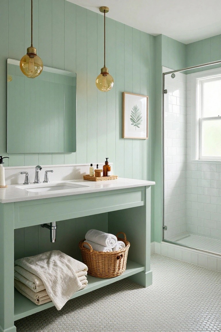 A sage green paneled bathroom with white sink vanity, brass hanging amber globe pendant lights, woven towel baskets, and glass shower enclosure with white subway tiles.