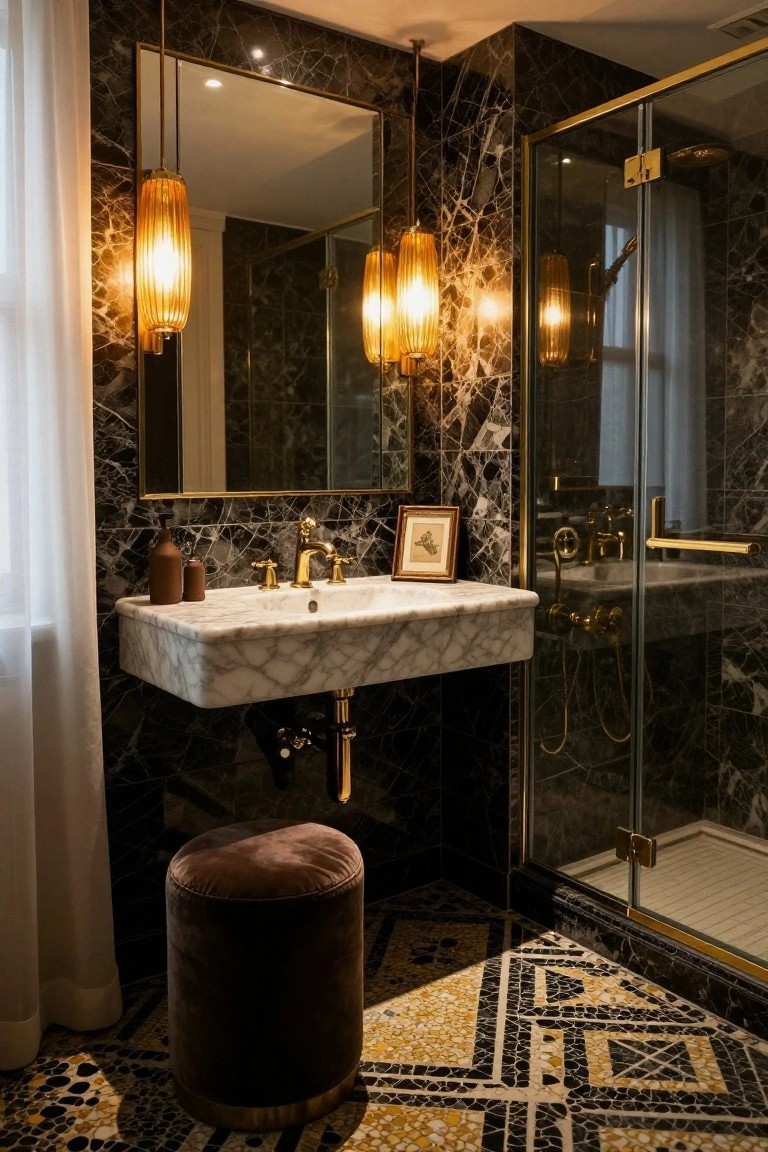 Luxurious bathroom with black marble walls and geometric yellow-black floor tiles, featuring a floating white marble sink with gold faucet, glass shower enclosure, brown velvet stool, and several hanging amber glass pendant lights.