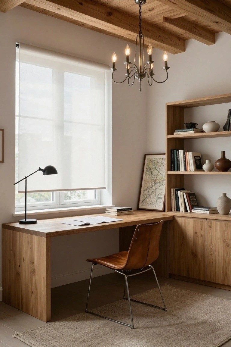 Home office interior with exposed wooden ceiling beams, a five-light metal chandelier with candle bulbs, wooden desk and leather chair, built-in oak bookshelves, and a large window covered by a white roller shade.