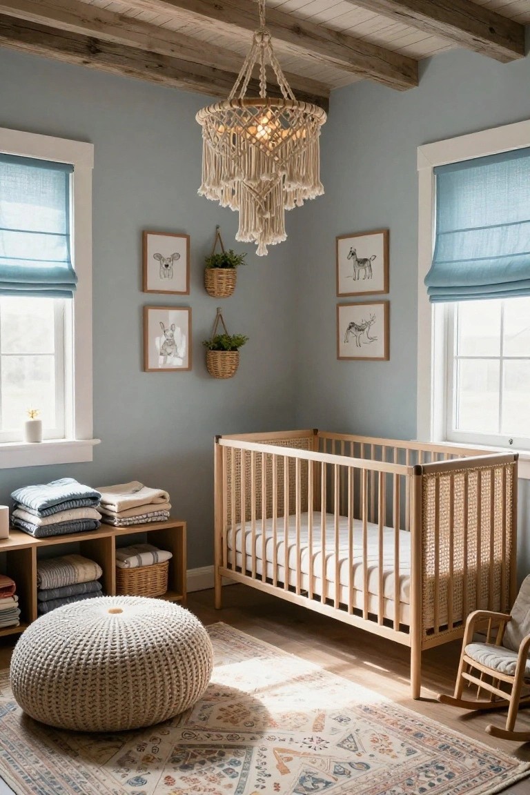 A light blue nursery with exposed wooden beam ceiling, macrame chandelier, rattan crib, stacked blankets on shelves, woven pouf, rocking chair, animal line art, hanging plants, and blue roman shades on windows.
