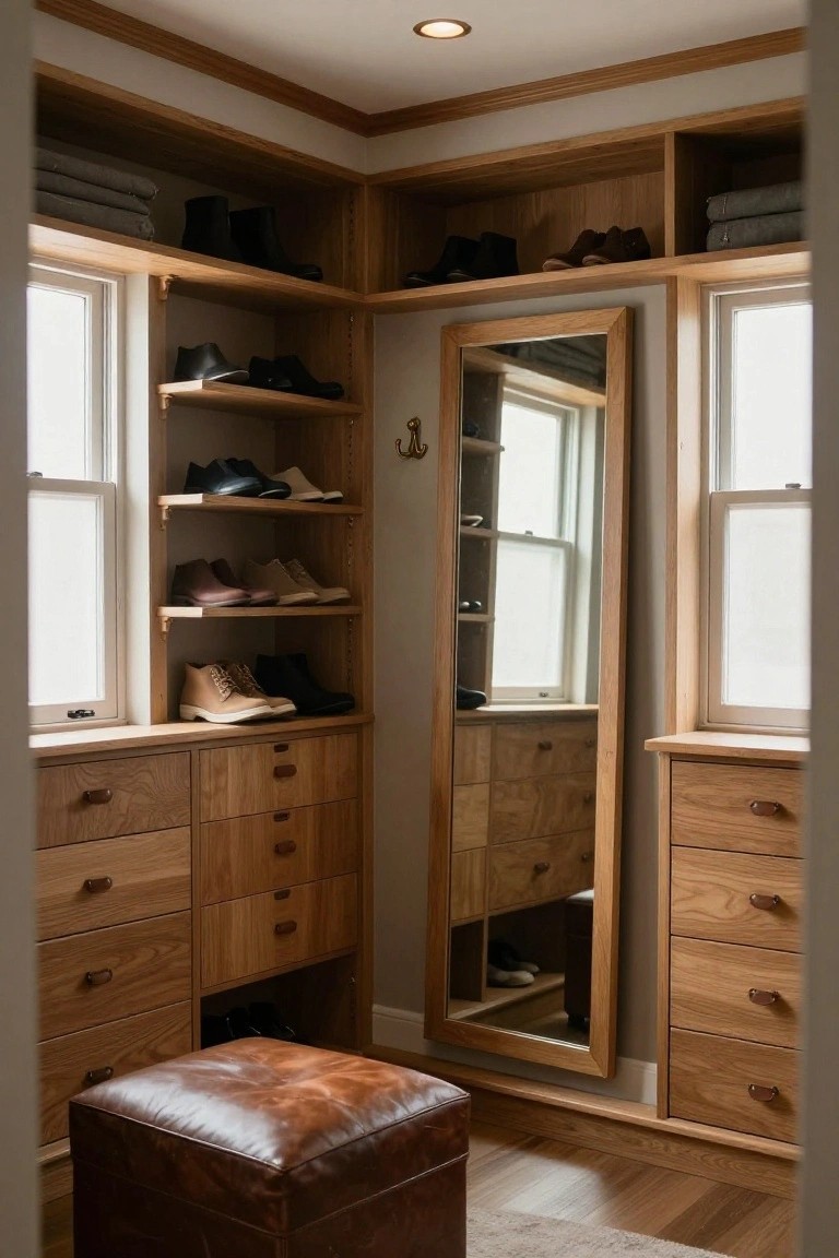 A corner walk-in closet with oak wood built-in shelves displaying shoes, drawers below, a full-length mirror, windows on two sides, and a leather stool on the wood floor.