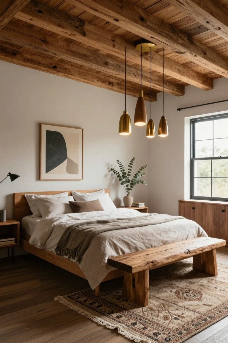 Bedroom with exposed wooden beam ceiling, three hanging gold cone pendant lights above a low wooden bed with white linens and a bench at the foot, neutral walls, and a corner window.