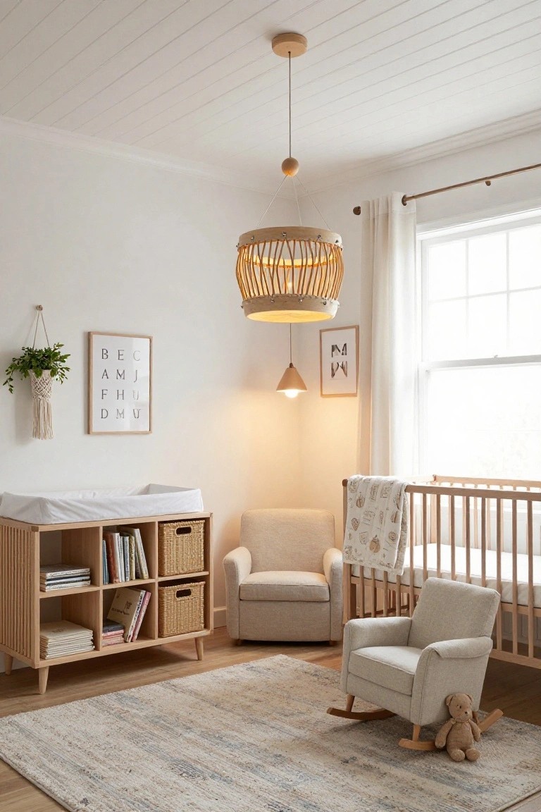 Nursery room with white shiplap ceiling, large woven rattan pendant light, wooden changing table with bins, crib draped in blanket, beige armchair, small rocking chair, teddy bear, potted plant, and beige rug on wood floor.