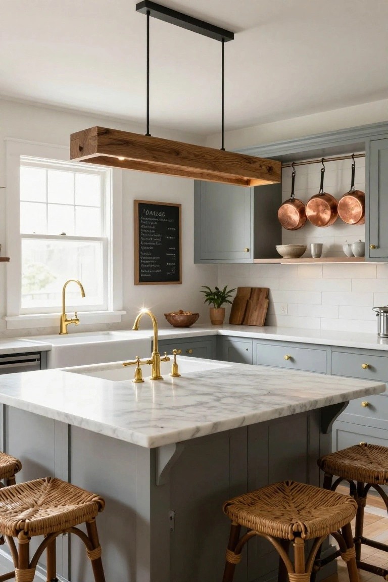 Kitchen with gray cabinets, white subway tile backsplash, marble island and counters, gold faucets, rattan bar stools, copper pots on wall rack, and rectangular wooden beam pendant light hanging from ceiling over island.