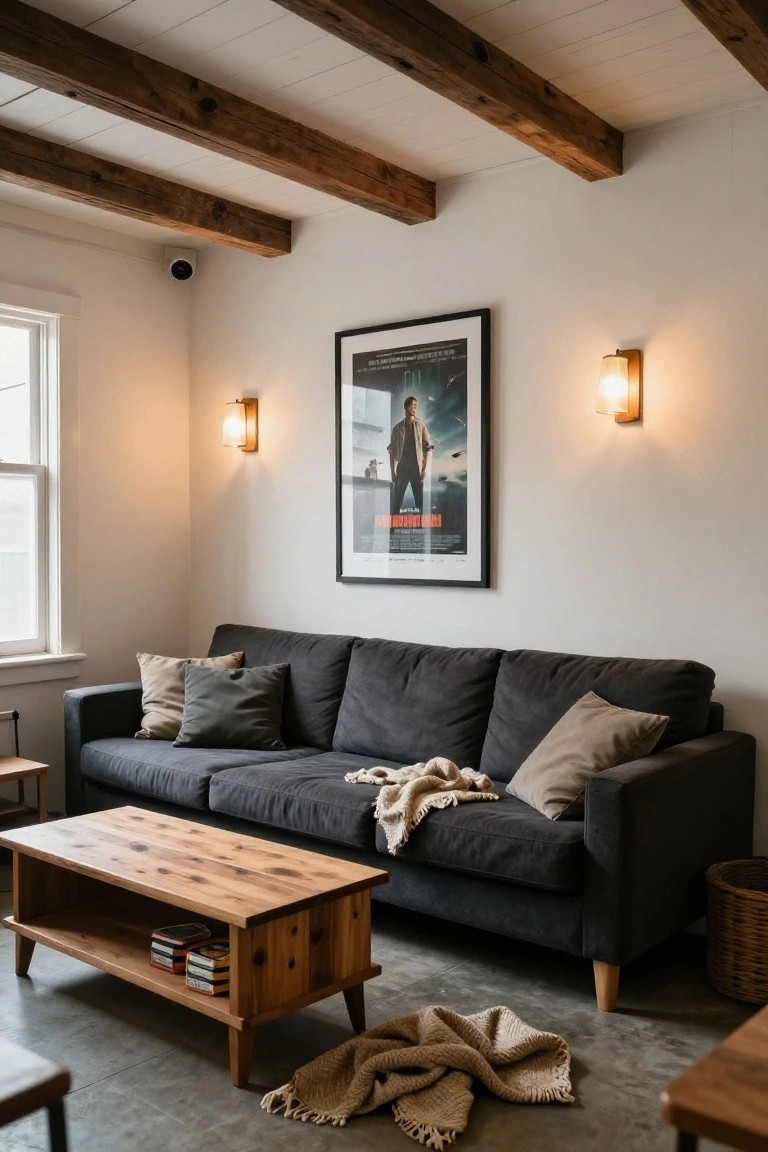 Living room interior with exposed wooden ceiling beams, charcoal gray sofa draped with a beige blanket and pillows, wooden coffee table holding stacked books, lit wall sconces flanking a framed movie poster on white wall, and polished concrete floor.