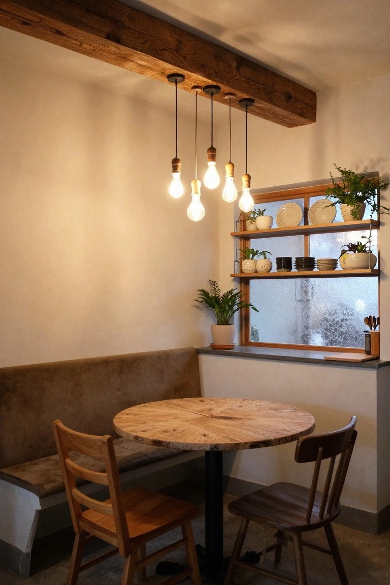 Dining nook with exposed wooden ceiling beams, multiple hanging pendant bulb lights, round wooden table, wooden chairs, upholstered bench, plant shelves by a window.