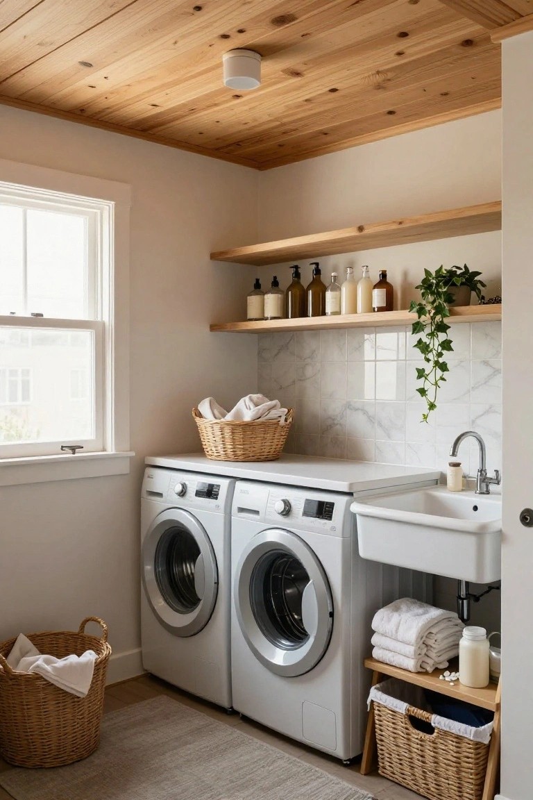 Laundry room with light wood plank ceiling, white stacked washer and dryer, white utility sink against marble tile backsplash, wooden floating shelves holding bottles and plants, wicker baskets with laundry, and small wooden shelf under sink.
