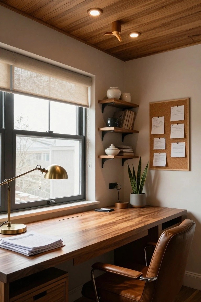 Home office with plank wooden ceiling featuring recessed round spotlights and a wooden cantilevered ceiling light, wooden desk topped with papers and gold desk lamp, brown leather chair, floating wood shelves with ceramics and books, corkboard, snake plant, and window with linen shade.