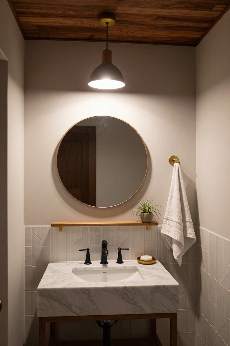 Small bathroom interior with wooden plank ceiling, hanging white cone pendant light, round gold mirror above wood shelf, marble sink vanity with black faucet, and white subway-style tiles.