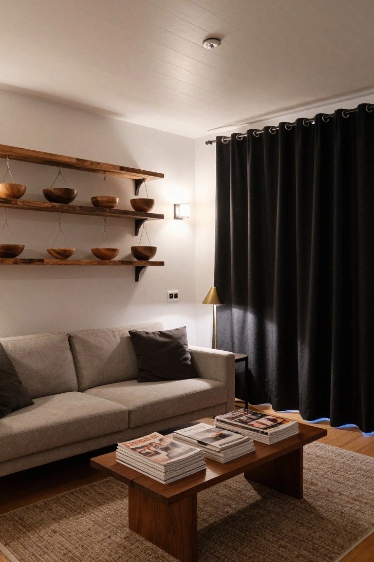 Modern living room featuring floating wooden shelves with hanging wooden bowls, a gray fabric sofa, wooden coffee table stacked with magazines, black curtains over a window, gold lamp, and beige rug on wood floor.