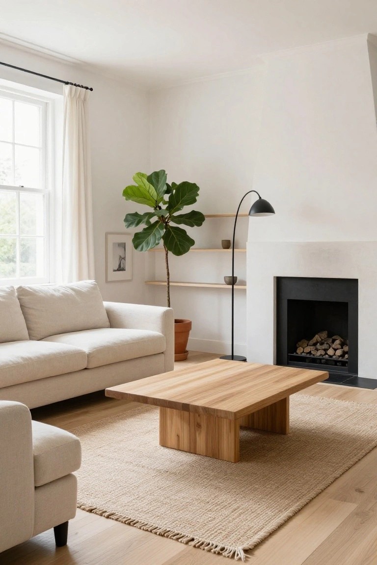 Minimalist living room with cream sofa, low rectangular wooden coffee table on seagrass rug, large potted fiddle leaf fig plant, black arched floor lamp, floating wooden shelves, and white fireplace with stacked logs.