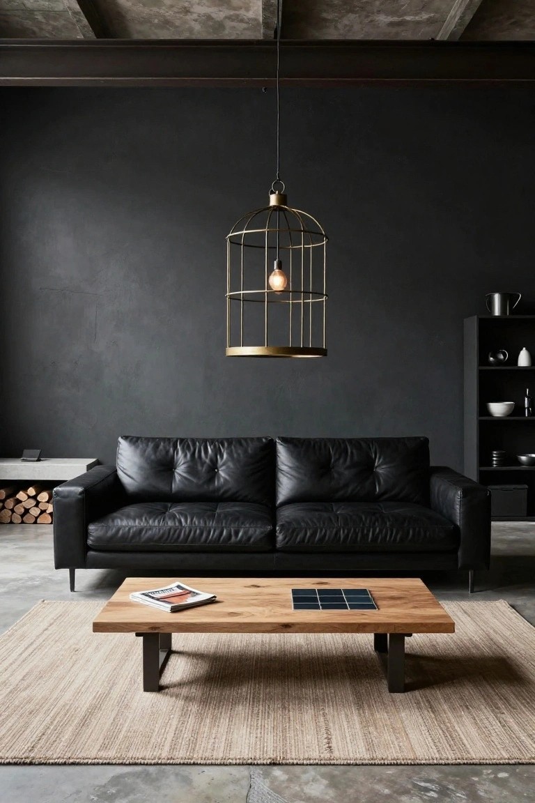 Minimalist living room with dark textured walls, black leather sofa on concrete floor, wooden coffee table, gold birdcage pendant light, black bookshelf, and firewood stack.