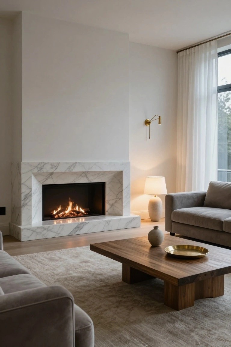 Minimalist living room with white marble fireplace surround containing a gas fire, gray upholstered sofa, wooden coffee table on beige rug, ceramic vases, table lamp, wall sconce, and sheer curtains over large window.