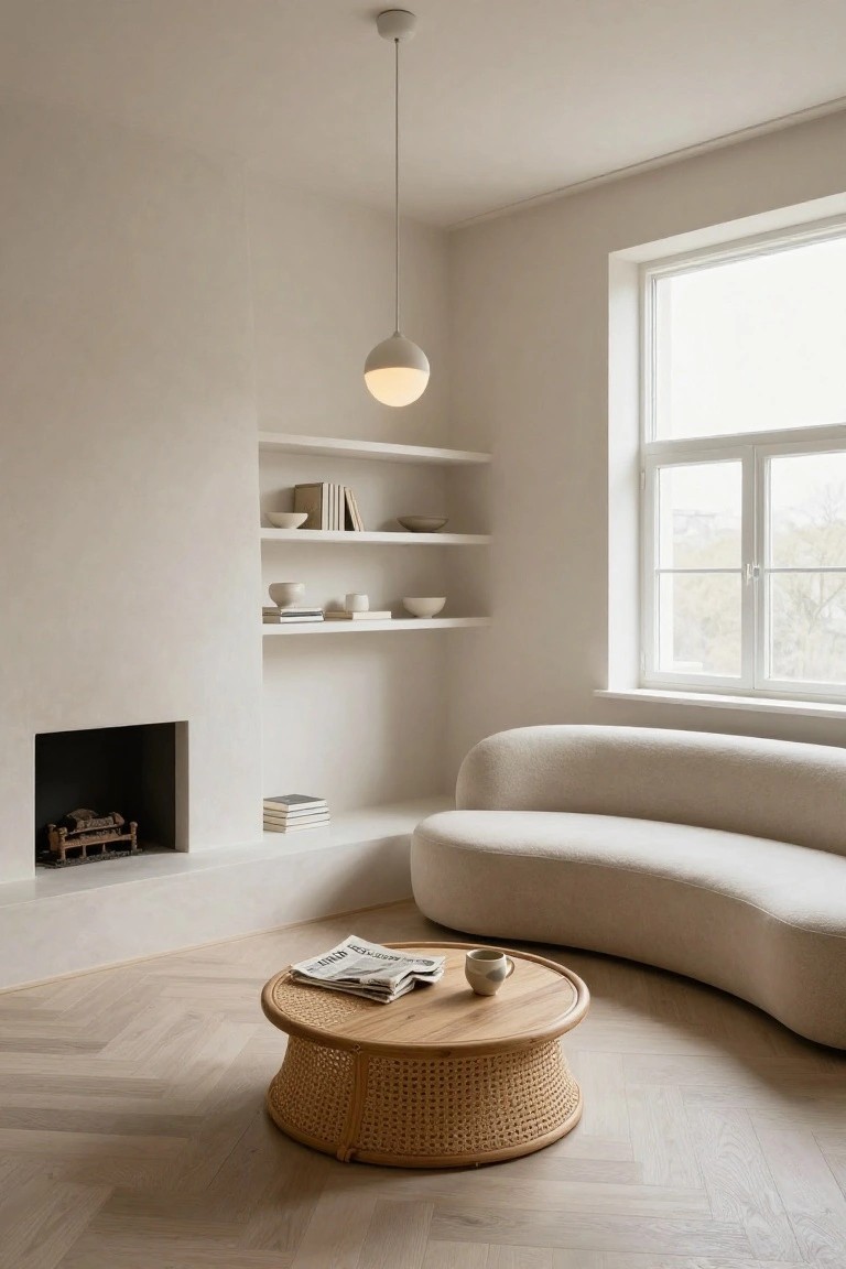 Minimalist living room corner showing a curved cream-colored sofa next to a fireplace with floating white shelves holding books and white bowls, a round woven coffee table with newspaper and teacup on herringbone wood floor, white pendant light hanging above, and large window with natural light.